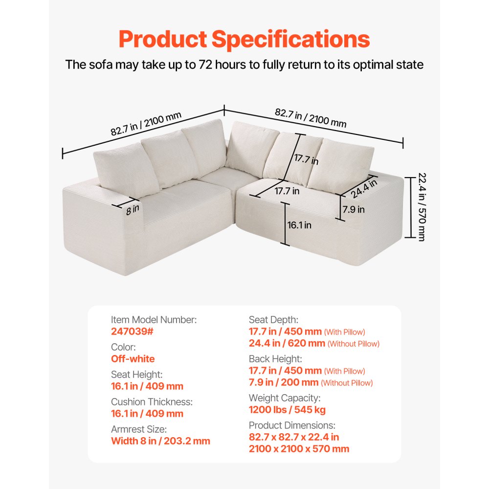 VEVOR Modular Sectional Sofa, L Shaped Modular Sofa Deep Seat, Cloud Sectional Couch with High Rebound Sponge and Density, Upholstered Corduroy Couch with Cushion for Living Room, Bedroom, Beige