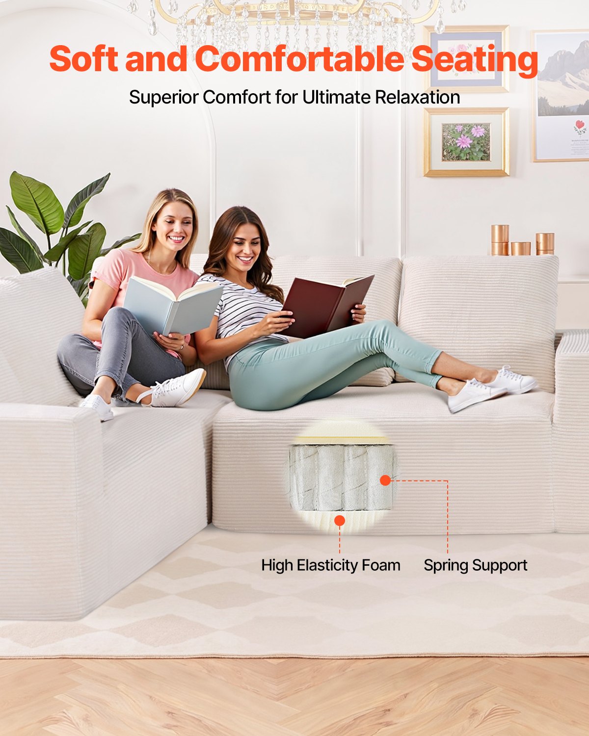 VEVOR Modular Sectional Sofa, L Shaped Modular Sofa Deep Seat, Cloud Sectional Couch with High Rebound Sponge and Density, Upholstered Corduroy Couch with Cushion for Living Room, Bedroom, Beige