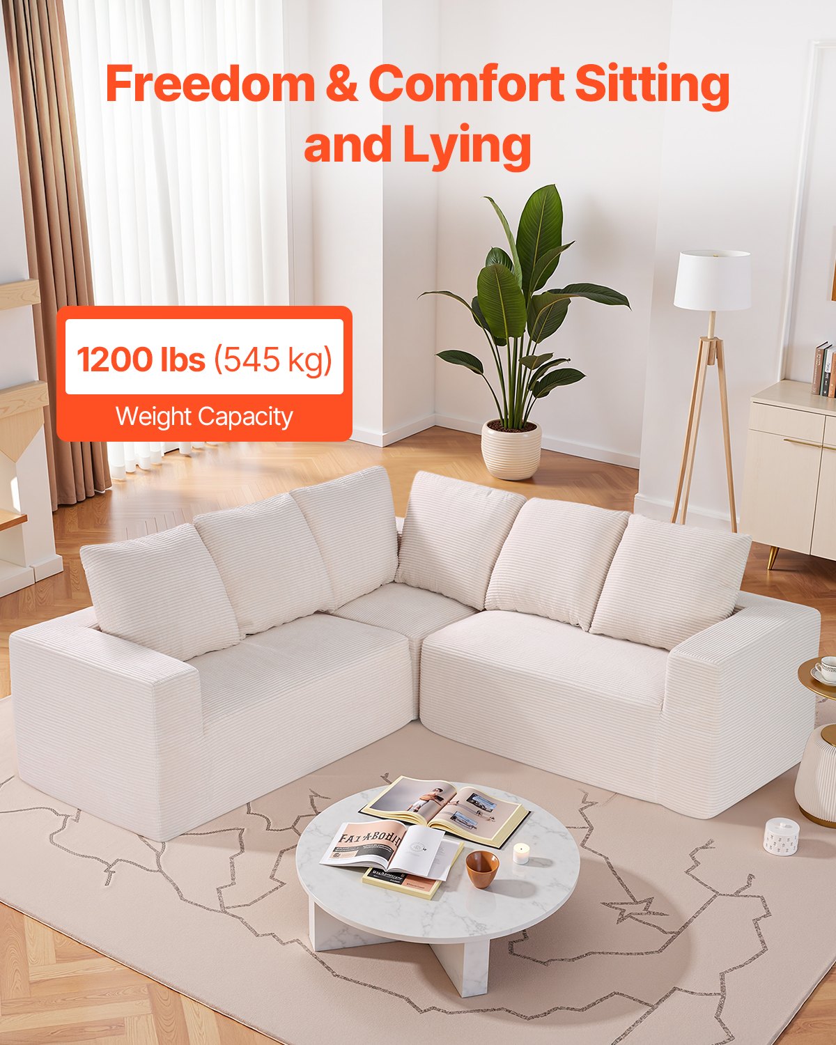 VEVOR Modular Sectional Sofa, L Shaped Modular Sofa Deep Seat, Cloud Sectional Couch with High Rebound Sponge and Density, Upholstered Corduroy Couch with Cushion for Living Room, Bedroom, Beige