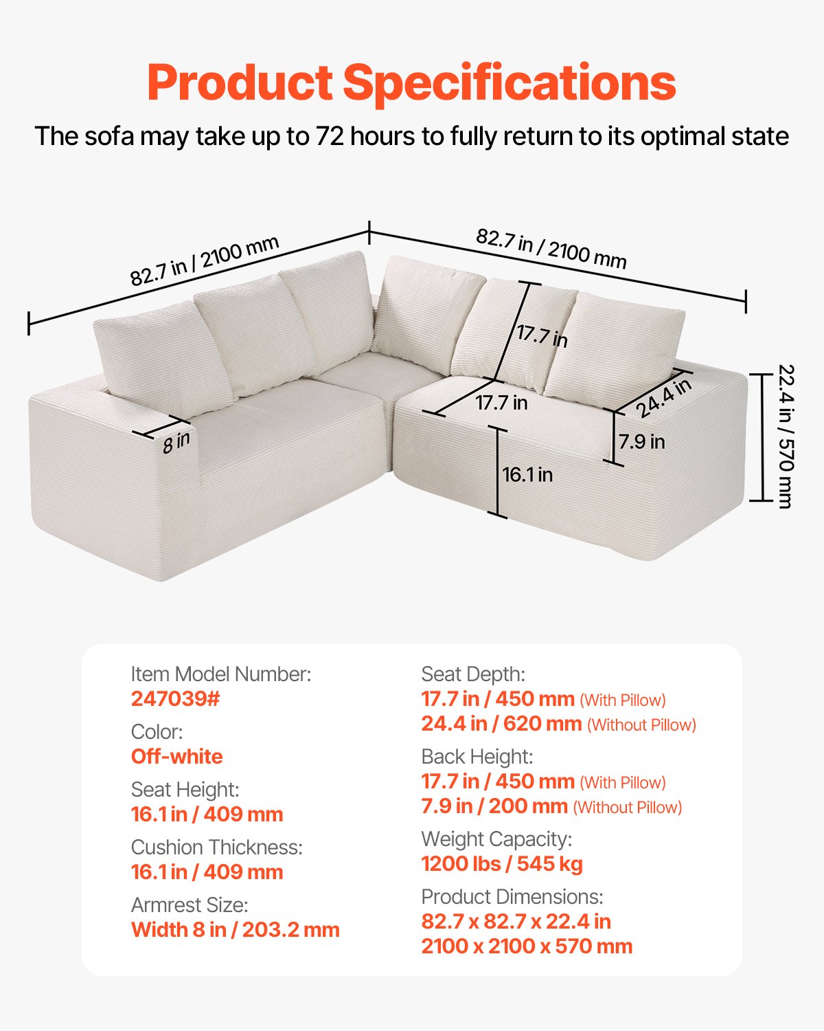 VEVOR Modular Sectional Sofa, L Shaped Modular Sofa Deep Seat, Cloud Sectional Couch with High Rebound Sponge and Density, Upholstered Corduroy Couch with Cushion for Living Room, Bedroom, Beige