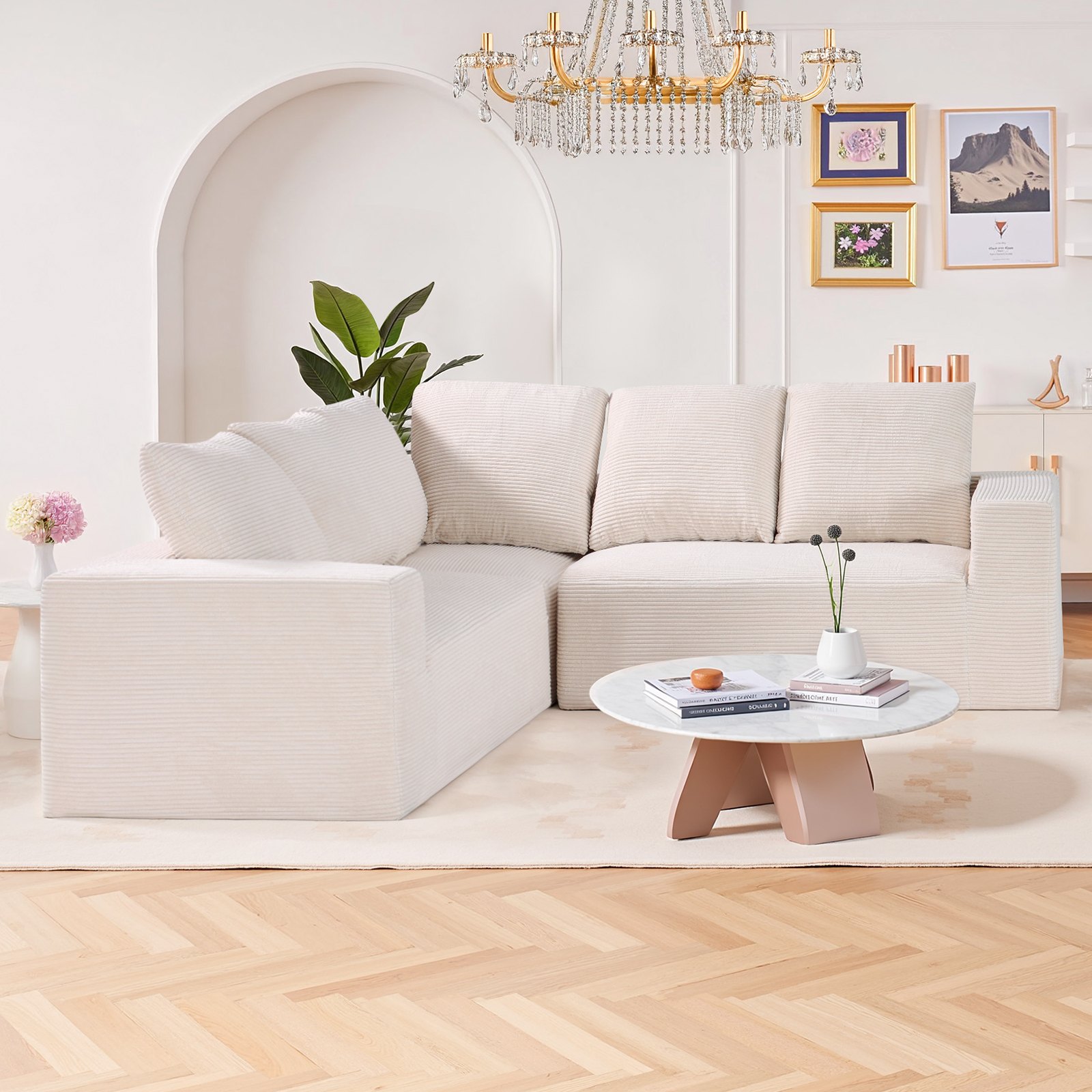 VEVOR Modular Sectional Sofa, L Shaped Modular Sofa Deep Seat, Cloud Sectional Couch with High Rebound Sponge and Density, Upholstered Corduroy Couch with Cushion for Living Room, Bedroom, Beige