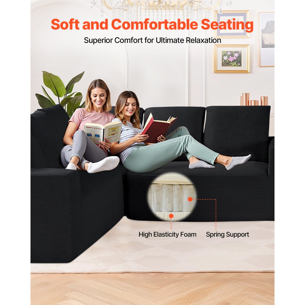 VEVOR Modular Sectional Sofa, L Shaped Modular Sofa Deep Seat, Cloud Sectional Couch with High Rebound Sponge and Density, Upholstered Corduroy Couch with Cushion for Living Room, Bedroom, Black