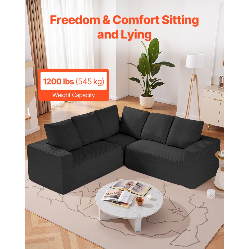 VEVOR Modular Sectional Sofa, L Shaped Modular Sofa Deep Seat, Cloud Sectional Couch with High Rebound Sponge and Density, Upholstered Corduroy Couch with Cushion for Living Room, Bedroom, Black