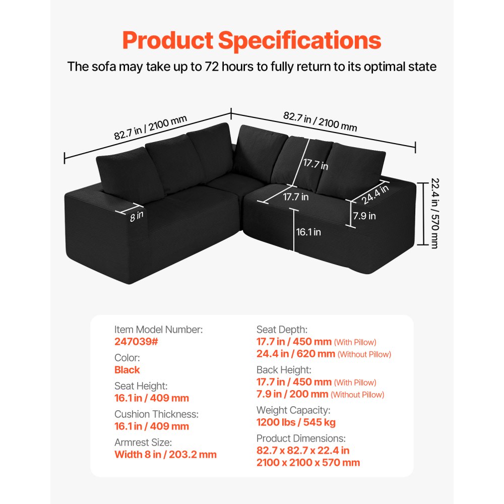 VEVOR Modular Sectional Sofa, L Shaped Modular Sofa Deep Seat, Cloud Sectional Couch with High Rebound Sponge and Density, Upholstered Corduroy Couch with Cushion for Living Room, Bedroom, Black