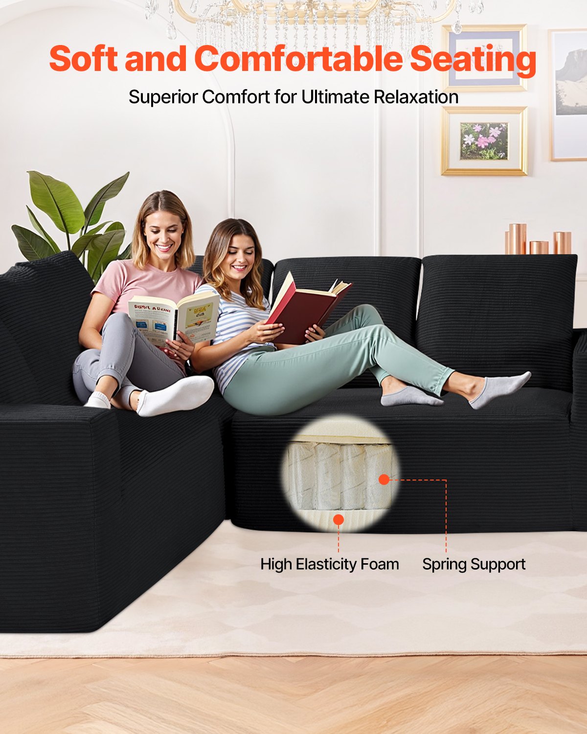 VEVOR Modular Sectional Sofa, L Shaped Modular Sofa Deep Seat, Cloud Sectional Couch with High Rebound Sponge and Density, Upholstered Corduroy Couch with Cushion for Living Room, Bedroom, Black