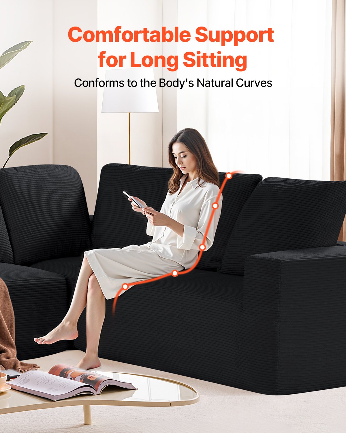 VEVOR Modular Sectional Sofa, L Shaped Modular Sofa Deep Seat, Cloud Sectional Couch with High Rebound Sponge and Density, Upholstered Corduroy Couch with Cushion for Living Room, Bedroom, Black