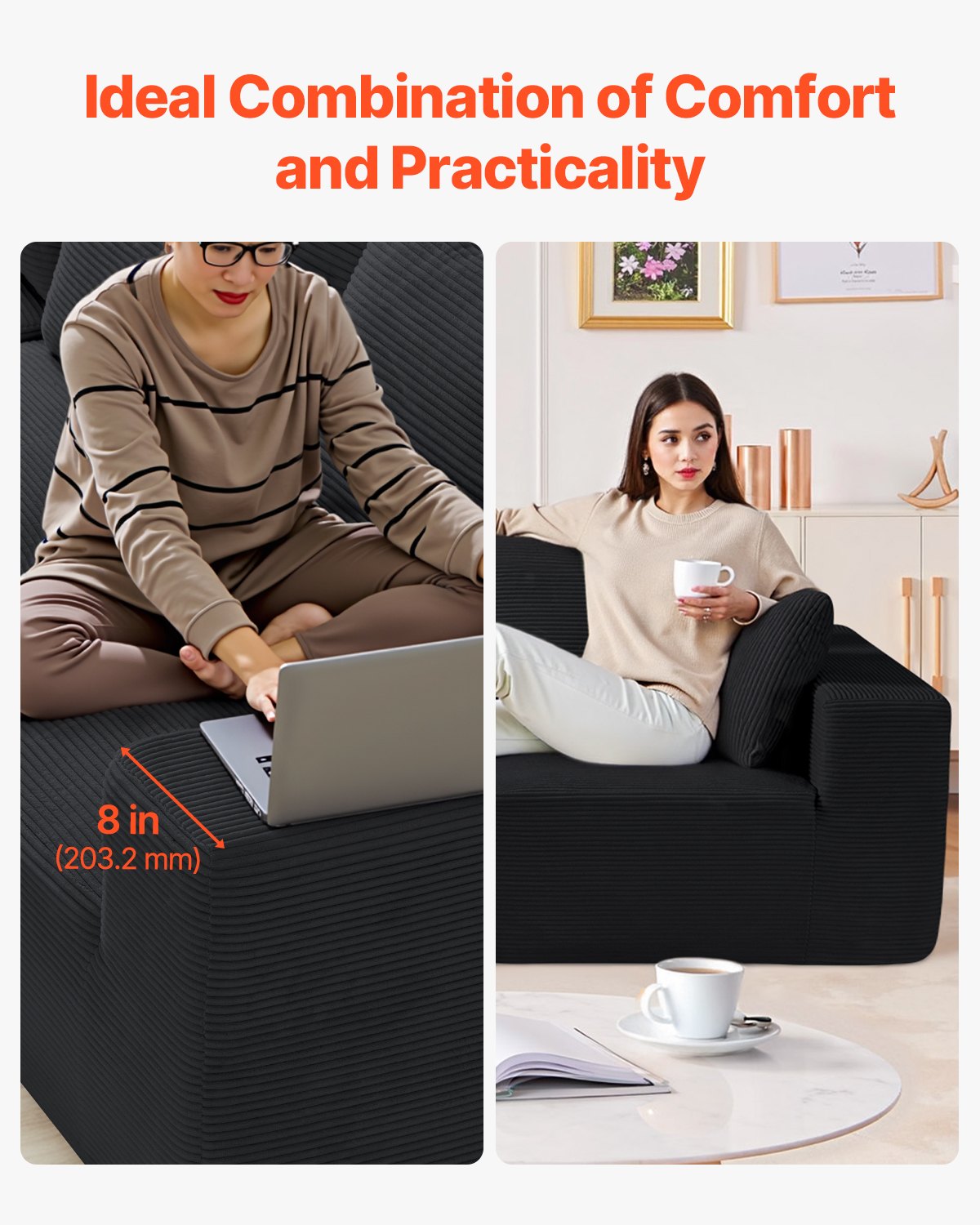 VEVOR Modular Sectional Sofa, L Shaped Modular Sofa Deep Seat, Cloud Sectional Couch with High Rebound Sponge and Density, Upholstered Corduroy Couch with Cushion for Living Room, Bedroom, Black
