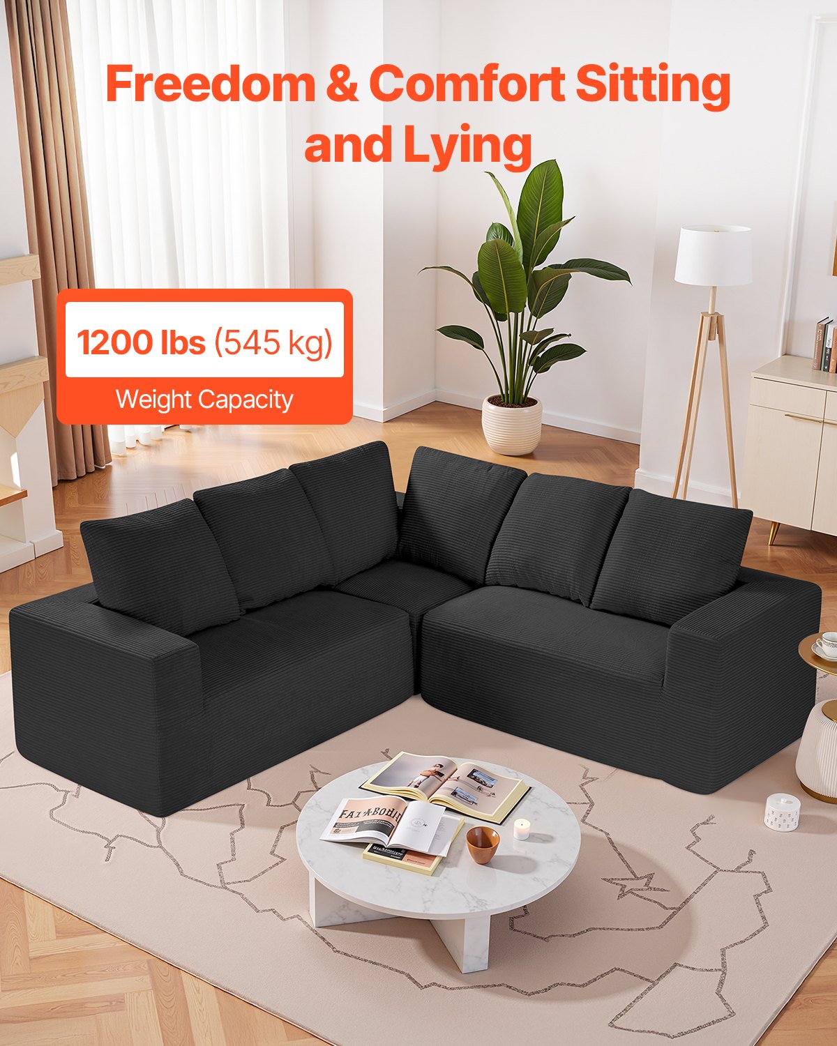 VEVOR Modular Sectional Sofa, L Shaped Modular Sofa Deep Seat, Cloud Sectional Couch with High Rebound Sponge and Density, Upholstered Corduroy Couch with Cushion for Living Room, Bedroom, Black