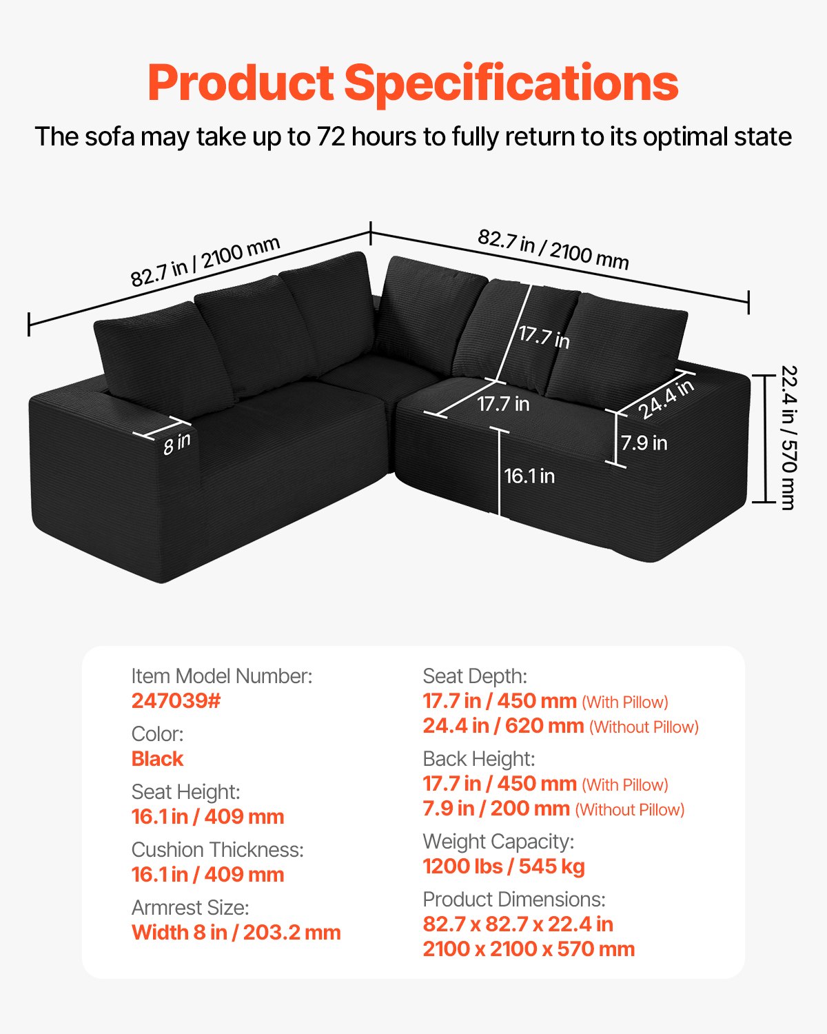 VEVOR Modular Sectional Sofa, L Shaped Modular Sofa Deep Seat, Cloud Sectional Couch with High Rebound Sponge and Density, Upholstered Corduroy Couch with Cushion for Living Room, Bedroom, Black