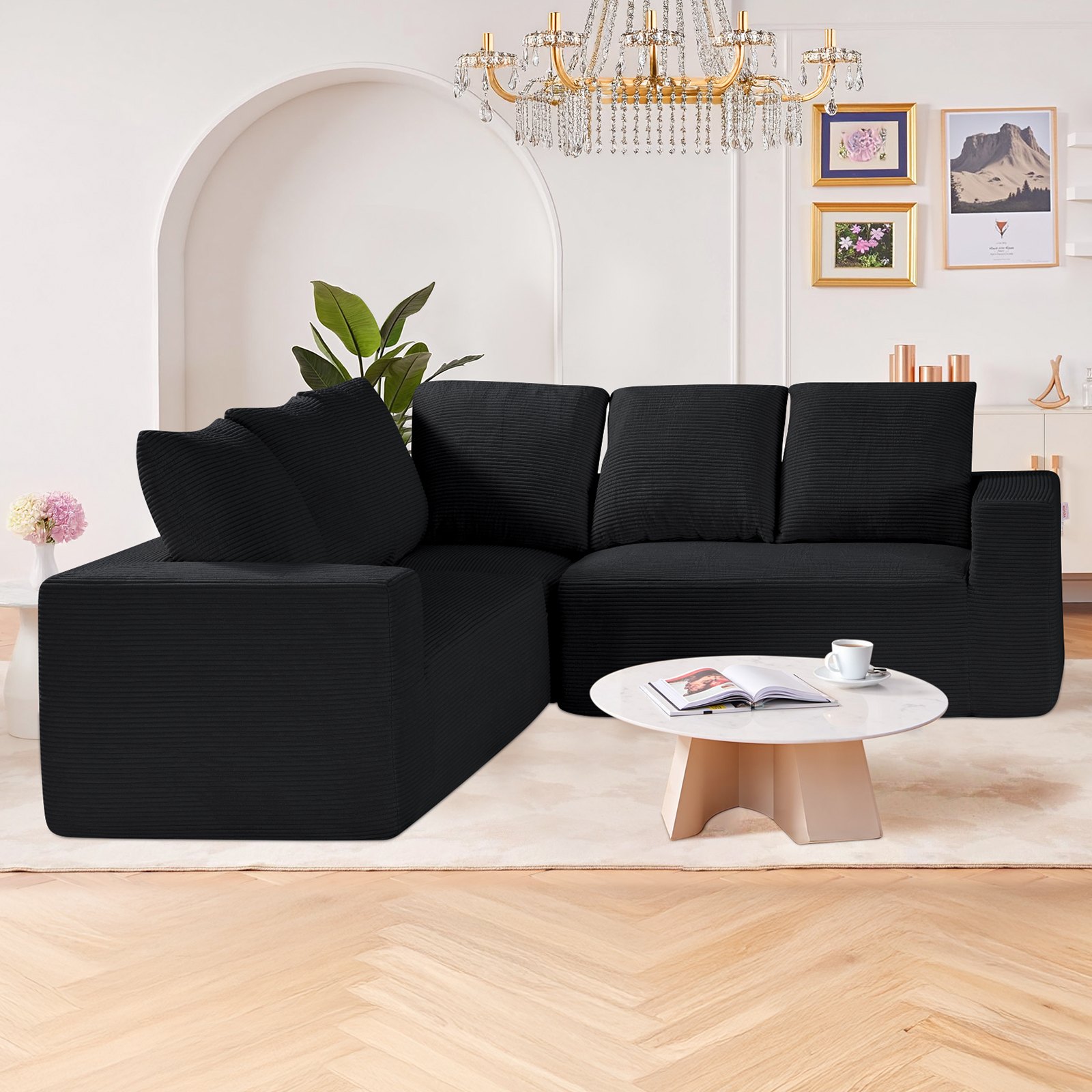 VEVOR Modular Sectional Sofa, L Shaped Modular Sofa Deep Seat, Cloud Sectional Couch with High Rebound Sponge and Density, Upholstered Corduroy Couch with Cushion for Living Room, Bedroom, Black