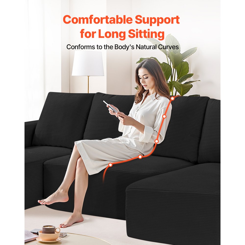 VEVOR Modular Sectional Sofa, U Shaped Modular Sofa with Chaise, Cloud Sectional Couch with High Rebound Sponge and Density, Upholstered Corduroy Couch with Cushion for Living Room, Bedroom, Black