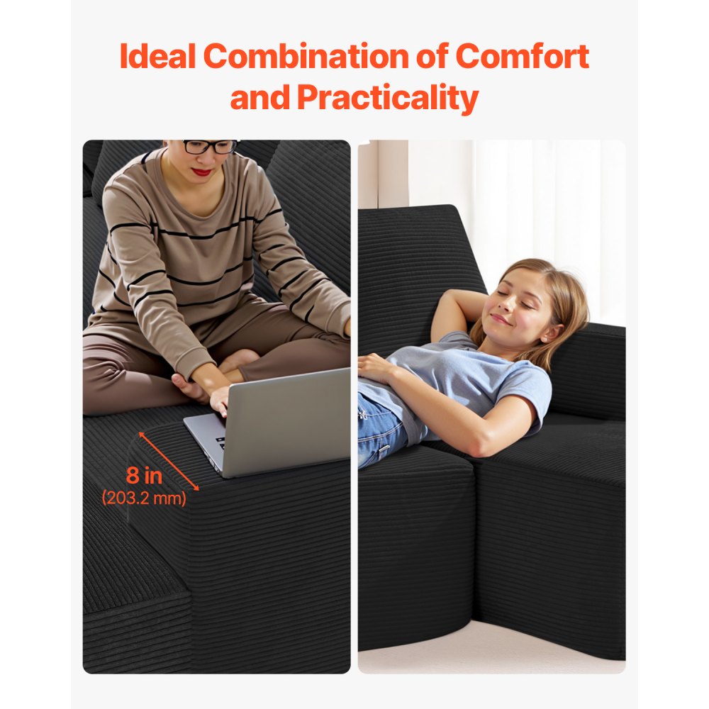 VEVOR Modular Sectional Sofa, U Shaped Modular Sofa with Chaise, Cloud Sectional Couch with High Rebound Sponge and Density, Upholstered Corduroy Couch with Cushion for Living Room, Bedroom, Black