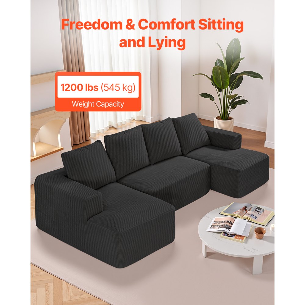 VEVOR Modular Sectional Sofa, U Shaped Modular Sofa with Chaise, Cloud Sectional Couch with High Rebound Sponge and Density, Upholstered Corduroy Couch with Cushion for Living Room, Bedroom, Black