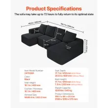VEVOR Modular Sectional Sofa, U Shaped Modular Sofa with Chaise, Cloud Sectional Couch with High Rebound Sponge and Density, Upholstered Corduroy Couch with Cushion for Living Room, Bedroom, Black