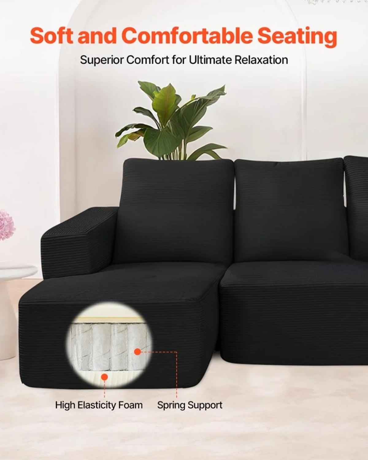 VEVOR Modular Sectional Sofa, U Shaped Modular Sofa with Chaise, Cloud Sectional Couch with High Rebound Sponge and Density, Upholstered Corduroy Couch with Cushion for Living Room, Bedroom, Black