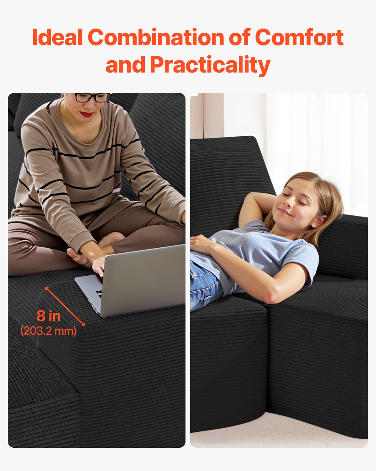 VEVOR Modular Sectional Sofa, U Shaped Modular Sofa with Chaise, Cloud Sectional Couch with High Rebound Sponge and Density, Upholstered Corduroy Couch with Cushion for Living Room, Bedroom, Black