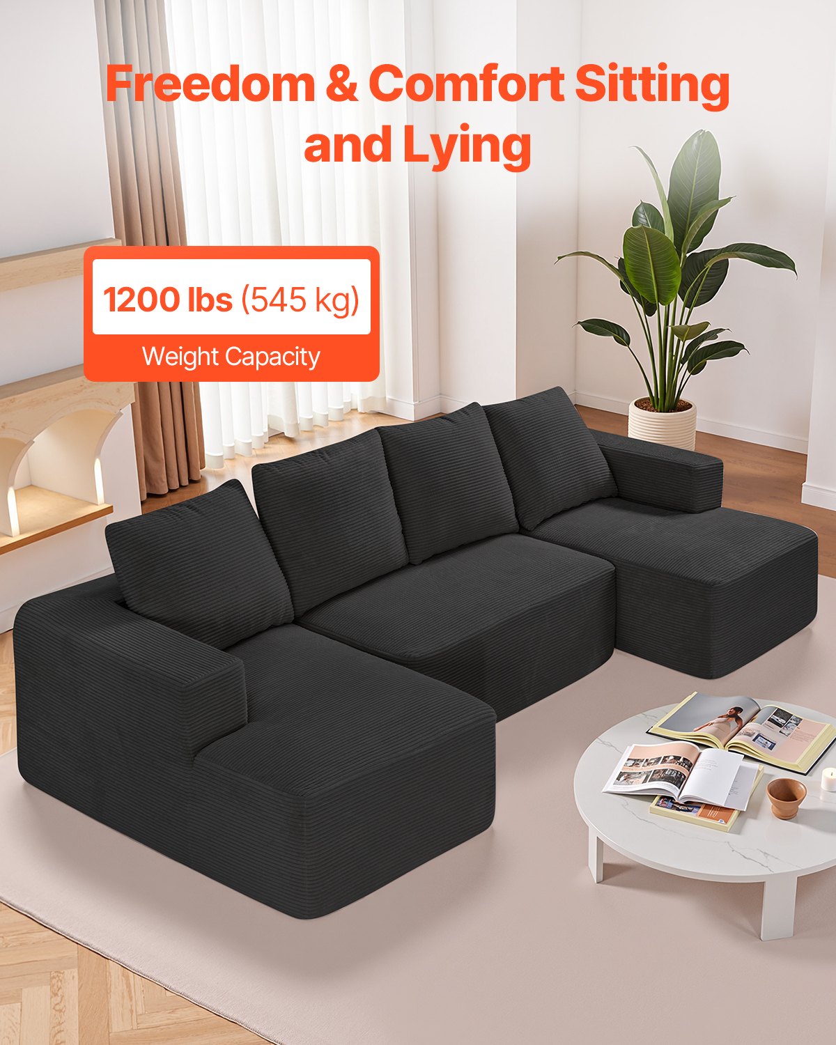 VEVOR Modular Sectional Sofa, U Shaped Modular Sofa with Chaise, Cloud Sectional Couch with High Rebound Sponge and Density, Upholstered Corduroy Couch with Cushion for Living Room, Bedroom, Black