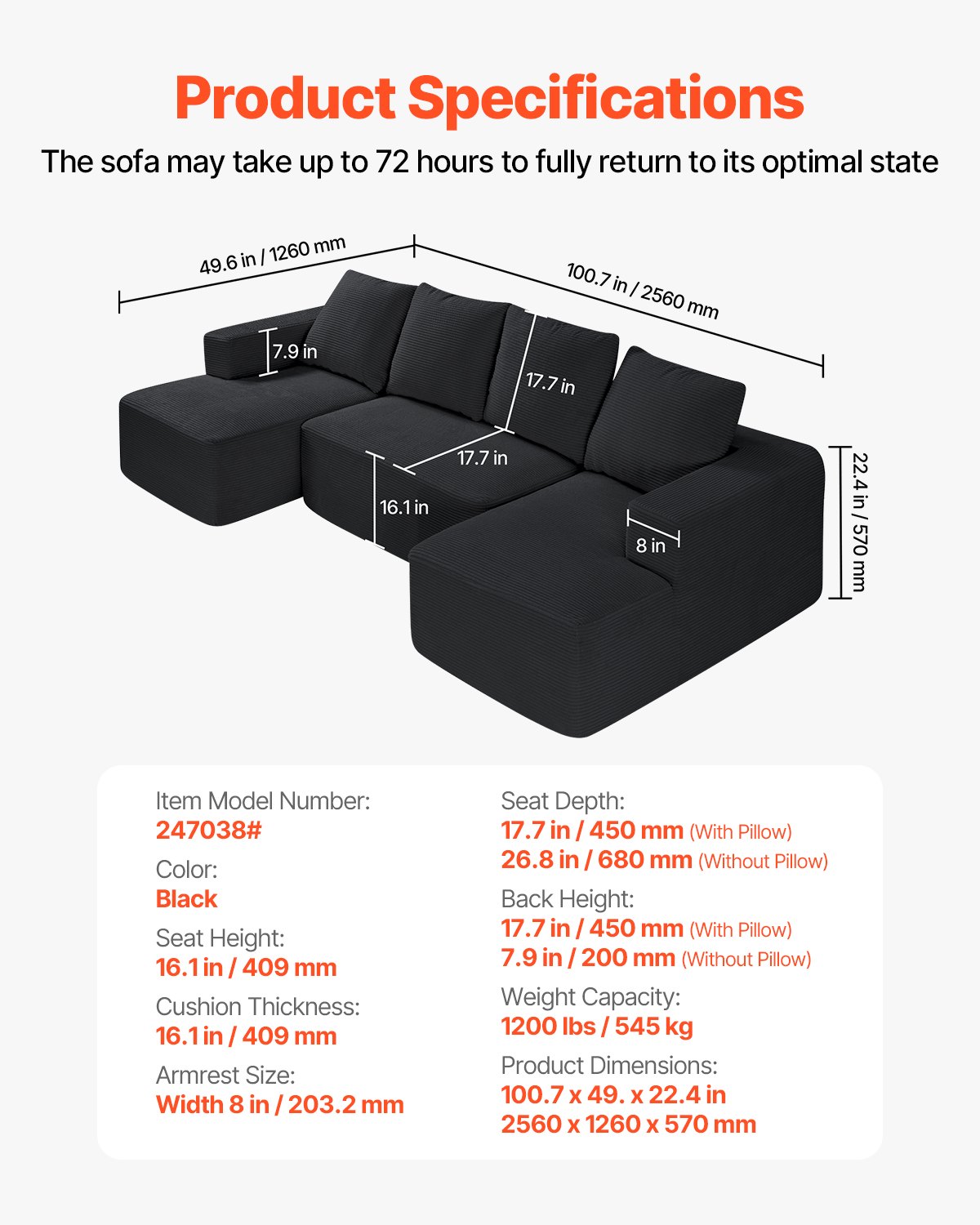 VEVOR Modular Sectional Sofa, U Shaped Modular Sofa with Chaise, Cloud Sectional Couch with High Rebound Sponge and Density, Upholstered Corduroy Couch with Cushion for Living Room, Bedroom, Black