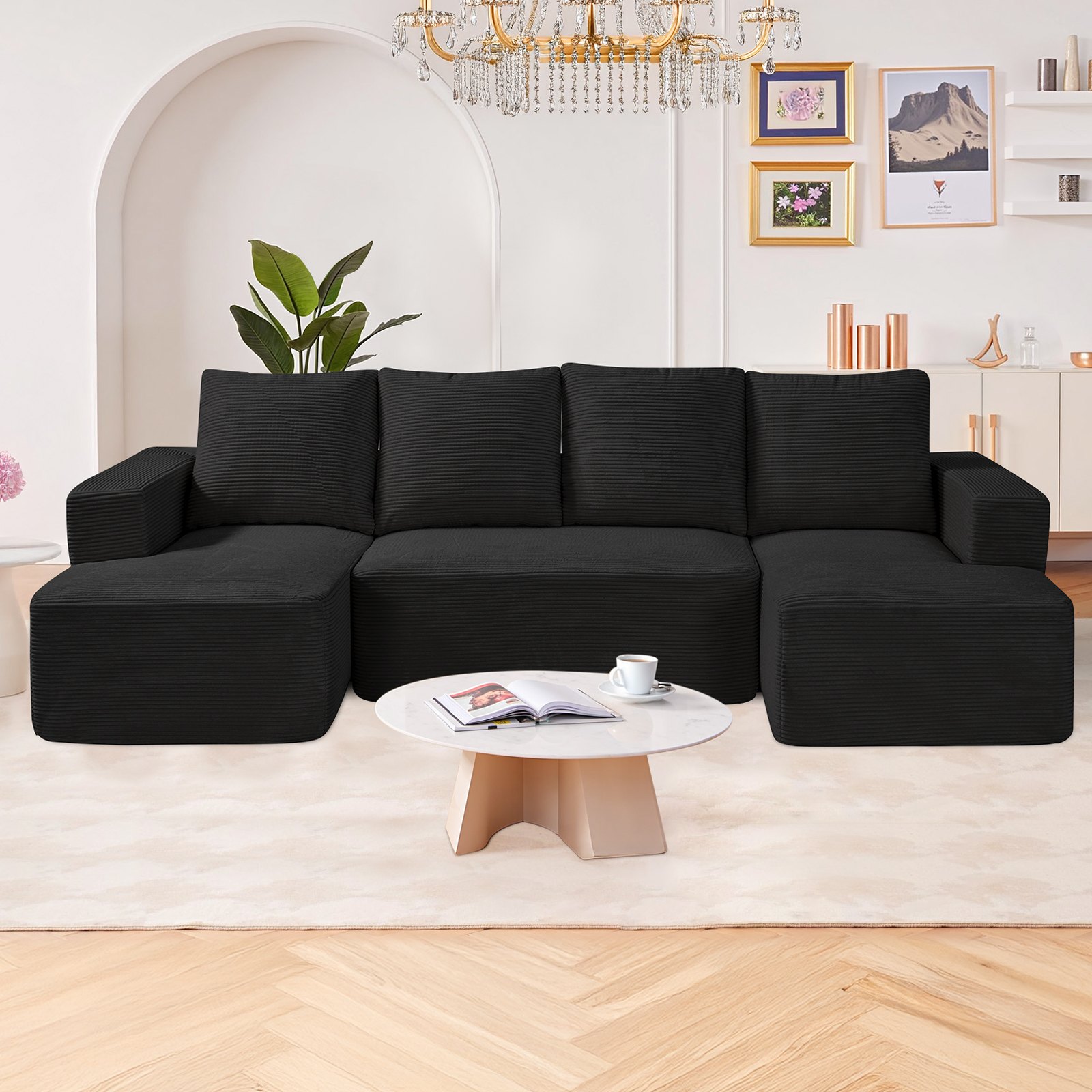 VEVOR Modular Sectional Sofa, U Shaped Modular Sofa with Chaise, Cloud Sectional Couch with High Rebound Sponge and Density, Upholstered Corduroy Couch with Cushion for Living Room, Bedroom, Black