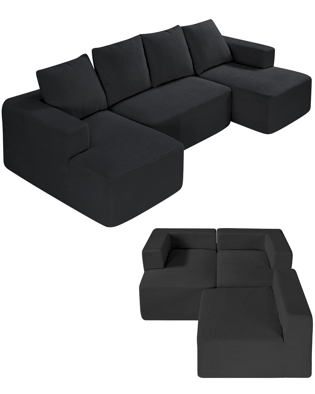 VEVOR Modular Sectional Sofa, U Shaped Modular Sofa with Chaise, Cloud Sectional Couch with High Rebound Sponge and Density, Upholstered Corduroy Couch with Cushion for Living Room, Bedroom, Black