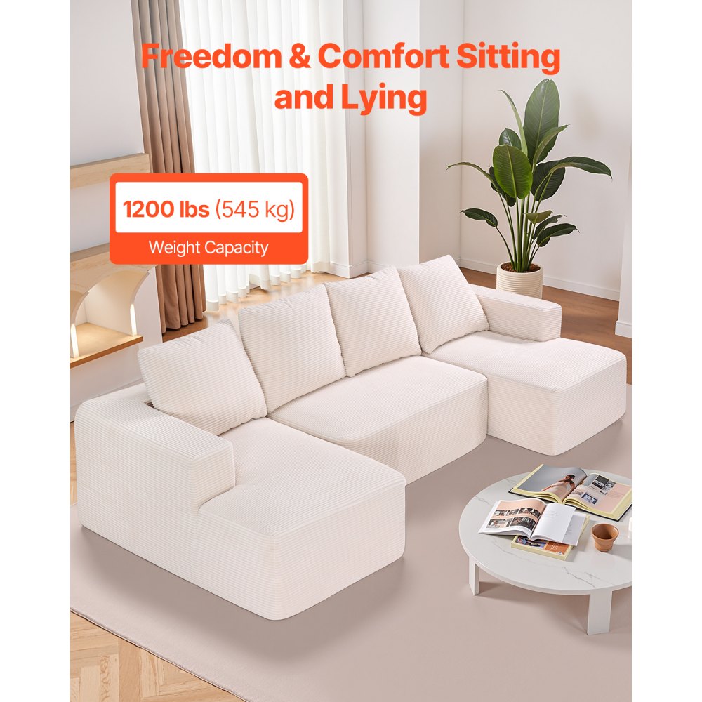 VEVOR Modular Sectional Sofa, U Shaped Modular Sofa with Chaise, Cloud Sectional Couch with High Rebound Sponge and Density, Upholstered Corduroy Couch with Cushion for Living Room, Bedroom, Beige