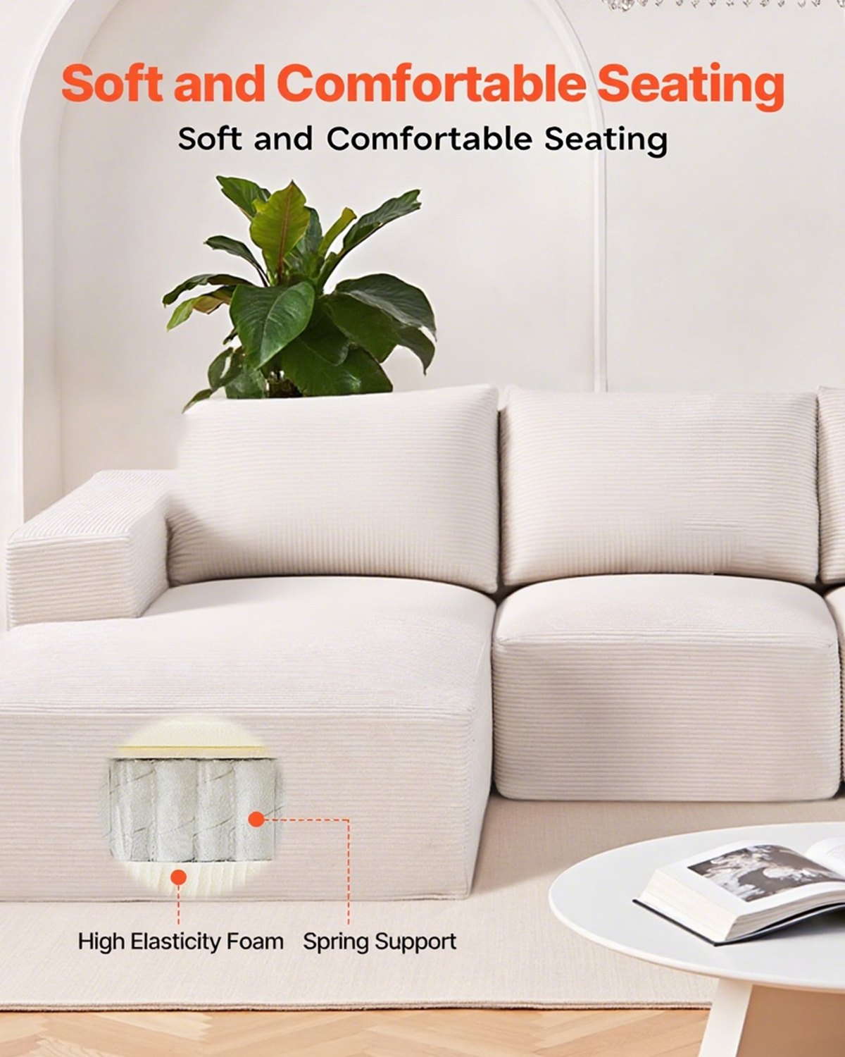 VEVOR Modular Sectional Sofa, U Shaped Modular Sofa with Chaise, Cloud Sectional Couch with High Rebound Sponge and Density, Upholstered Corduroy Couch with Cushion for Living Room, Bedroom, Beige