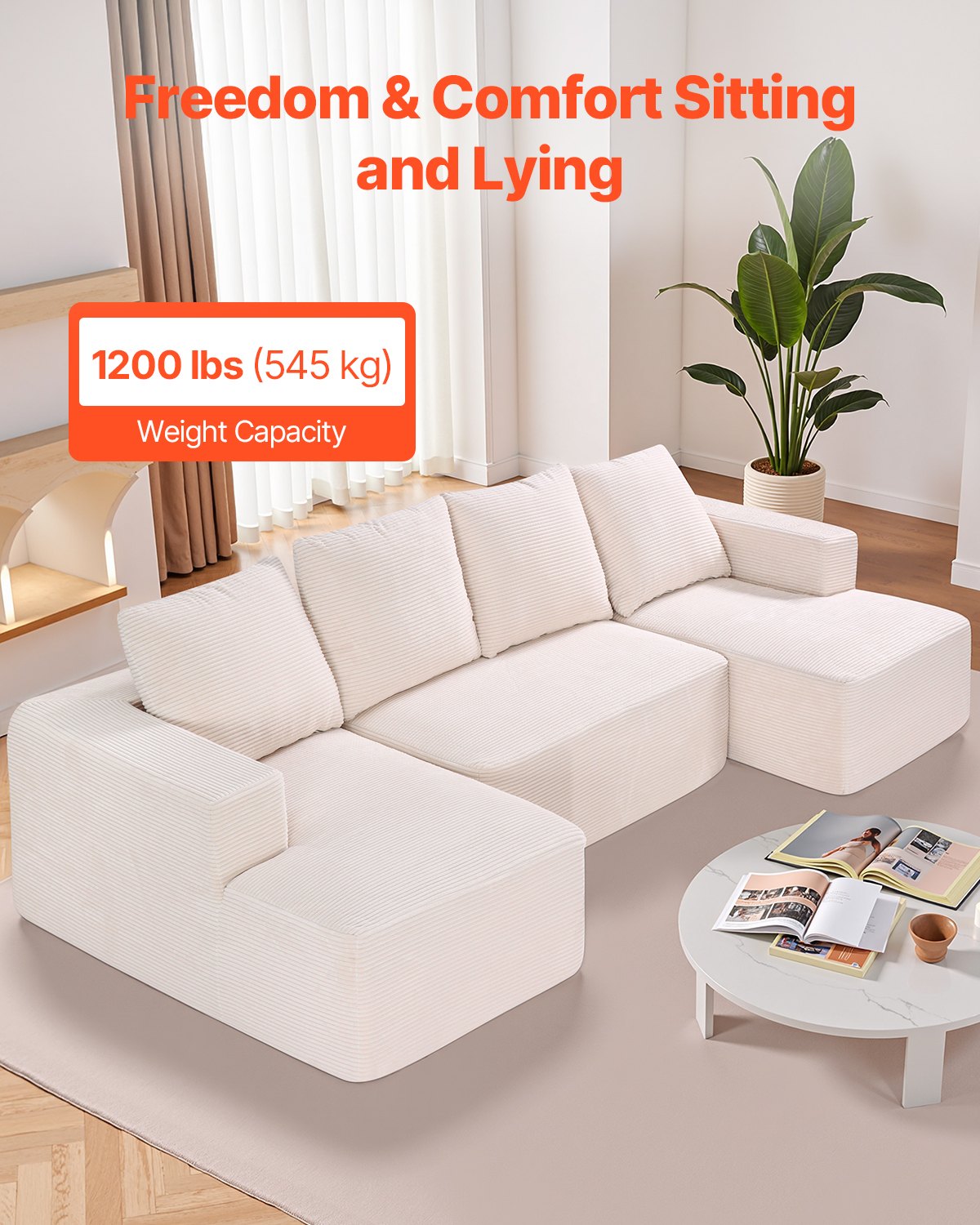 VEVOR Modular Sectional Sofa, U Shaped Modular Sofa with Chaise, Cloud Sectional Couch with High Rebound Sponge and Density, Upholstered Corduroy Couch with Cushion for Living Room, Bedroom, Beige