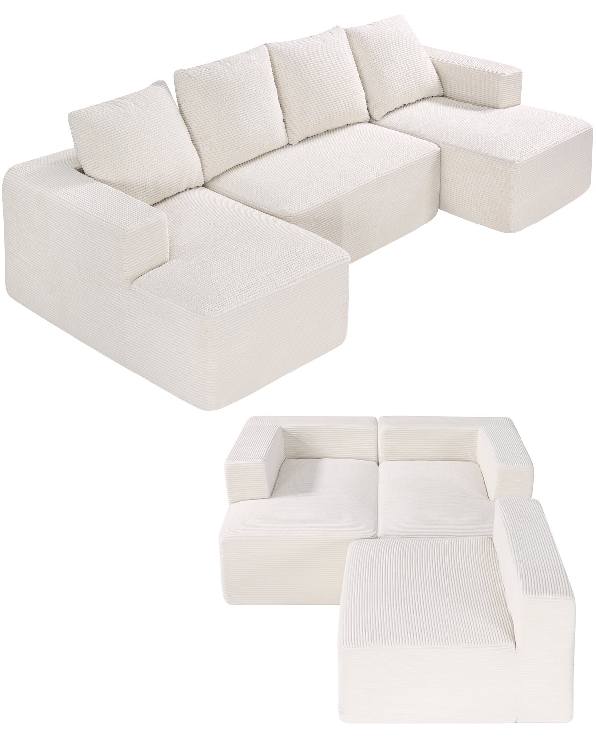 VEVOR Modular Sectional Sofa, U Shaped Modular Sofa with Chaise, Cloud Sectional Couch with High Rebound Sponge and Density, Upholstered Corduroy Couch with Cushion for Living Room, Bedroom, Beige