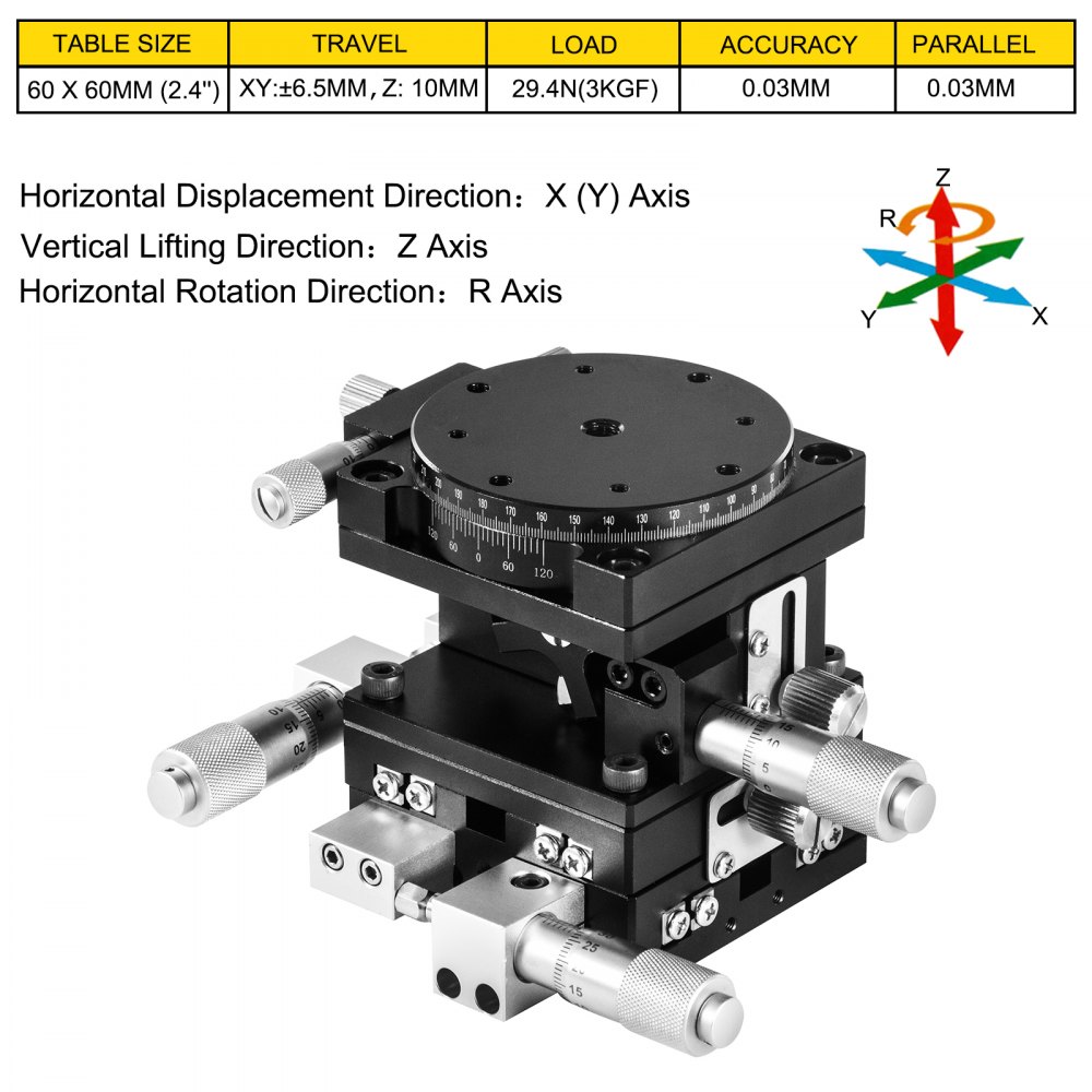 VEVOR XYZR Linear Stage 4 Axles 60 x 60 mm Trimming Platform, Bearing Tuning Platform Sliding Table, XYZR 4 Directions Manual Linear Stage for Optical Instruments, Measuring Devices, Semiconductor