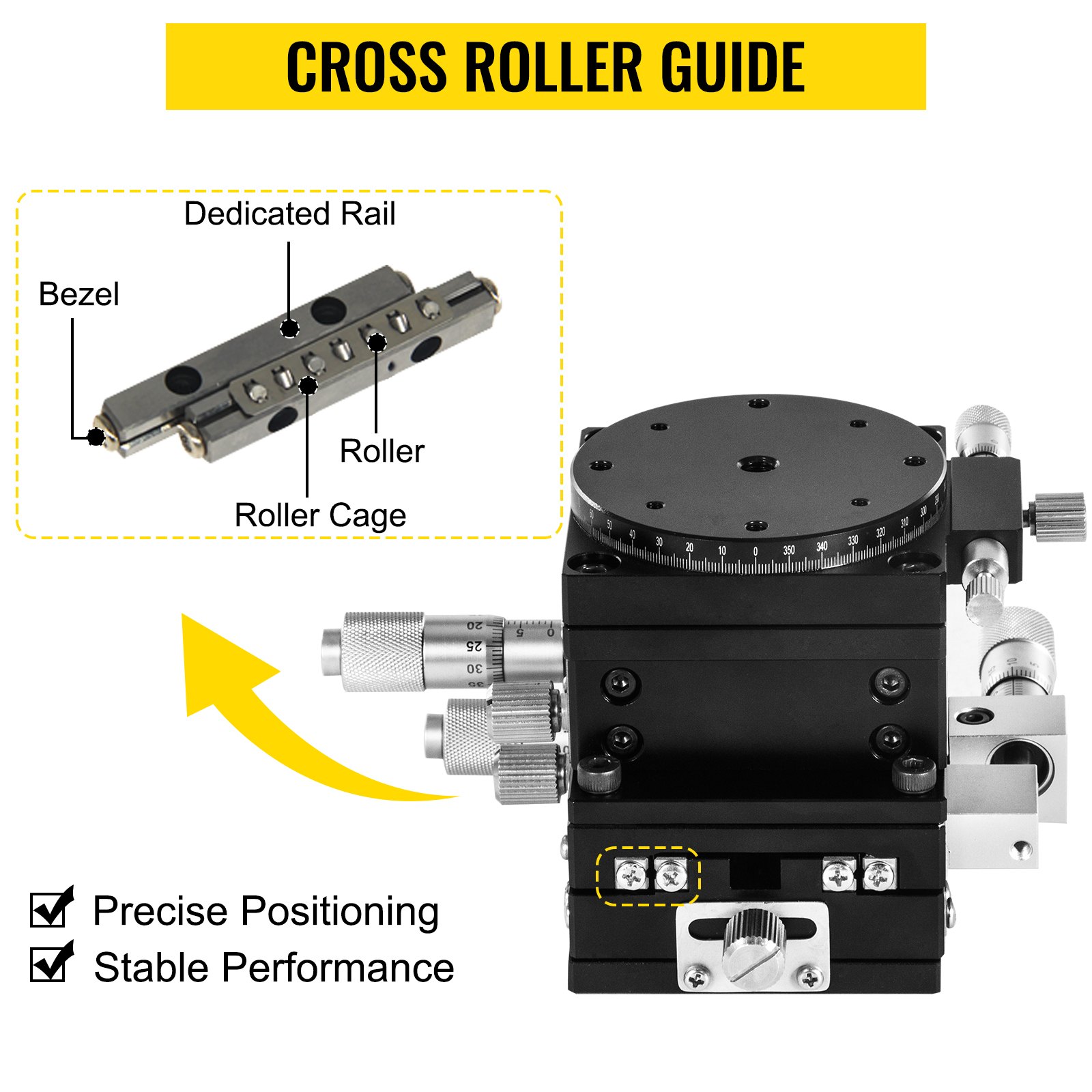 VEVOR XYZR Linear Stage 4 Axles 90 x 90 mm Trimming Platform, Bearing Tuning Platform Sliding Table, XYZR 4 Directions Manual Linear Stage for Optical Instruments, Measuring Devices, Semiconductor