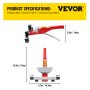 VEVOR pipe bender with detailed dimensions and product specifications in yellow text.