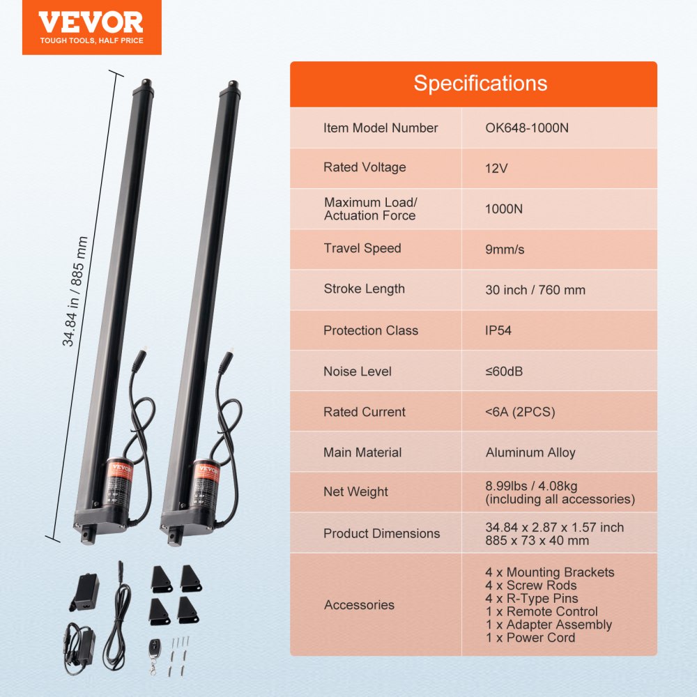 VEVOR 2PCS 12V Linear Actuator Kit 760 mm 9 mm/s 99.79 kg/1000N IP54 Protection
