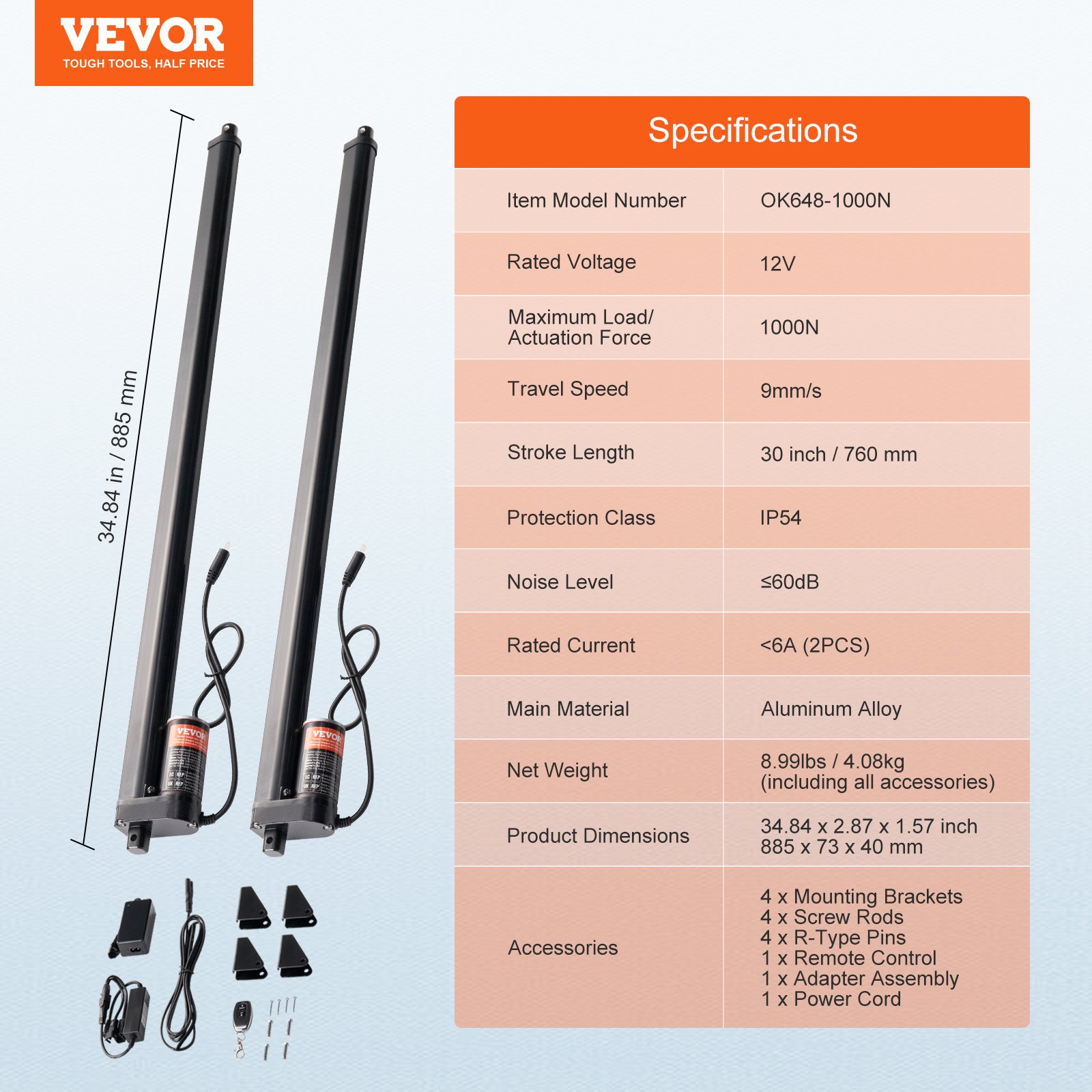 VEVOR 2PCS 12V Linear Actuator Kit 760 mm 9 mm/s 99.79 kg/1000N IP54 Protection