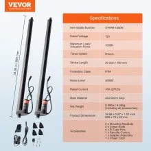 VEVOR 2PCS Linear Actuator Kit, 30 Inch High Speed 0.35"/s Linear Motion Actuator 12V, 220lbs/1000N Linear Actuator for TV/Table/Sofa Lifting, IP54 Protection - Wireless Remote Control Included