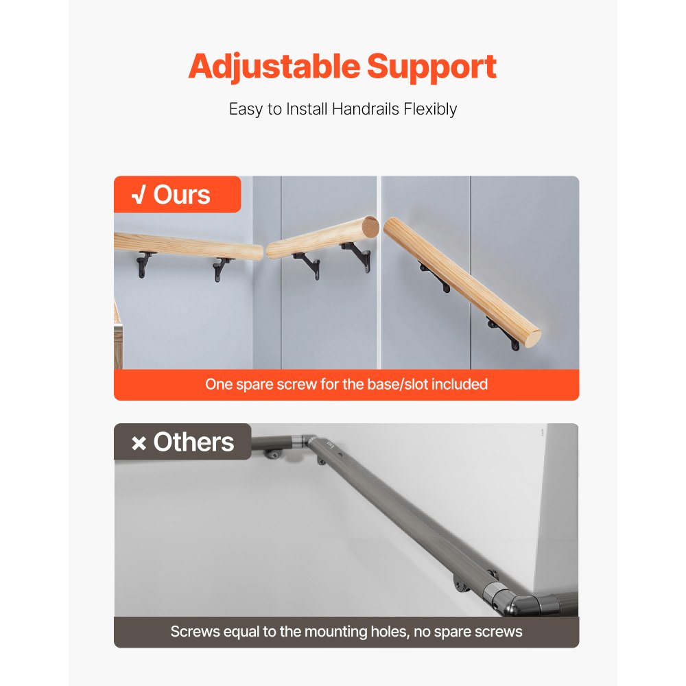 VEVOR Handrail Hardware Bracket, 6 Packs Heavy Duty Hand Rail Brackets, Flexible Angle Adjustment & Easy Install, Stair Railing Hardware for Stairways Handrail, Staircase,Matte Black
