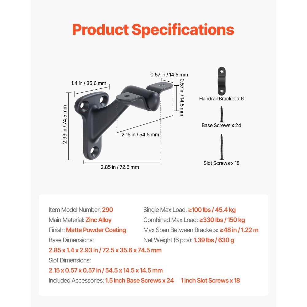 VEVOR Handrail Hardware Bracket, 6 Packs Heavy Duty Hand Rail Brackets, Flexible Angle Adjustment & Easy Install, Stair Railing Hardware for Stairways Handrail, Staircase,Matte Black
