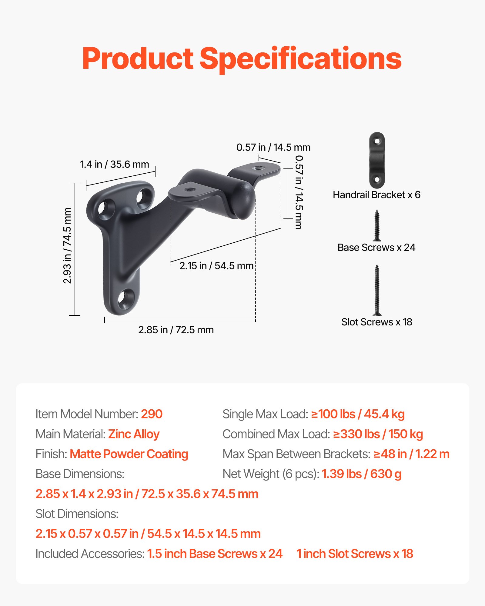 VEVOR Handrail Hardware Bracket, 6 Packs Heavy Duty Hand Rail Brackets, Flexible Angle Adjustment & Easy Install, Stair Railing Hardware for Stairways Handrail, Staircase,Matte Black