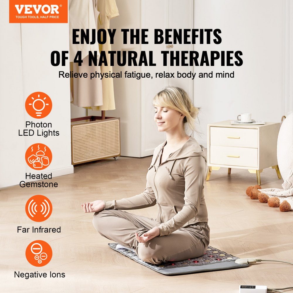 VEVOR Far Infrared Heating Pad, Amethyst Heating Pad with Jade & Tourmaline Stones, 660nm Photon Light & Negative Ions, 103-159℉ Hot Gemstones Mat with 0-720 Min Timer for Pain Relief (32" x 20")