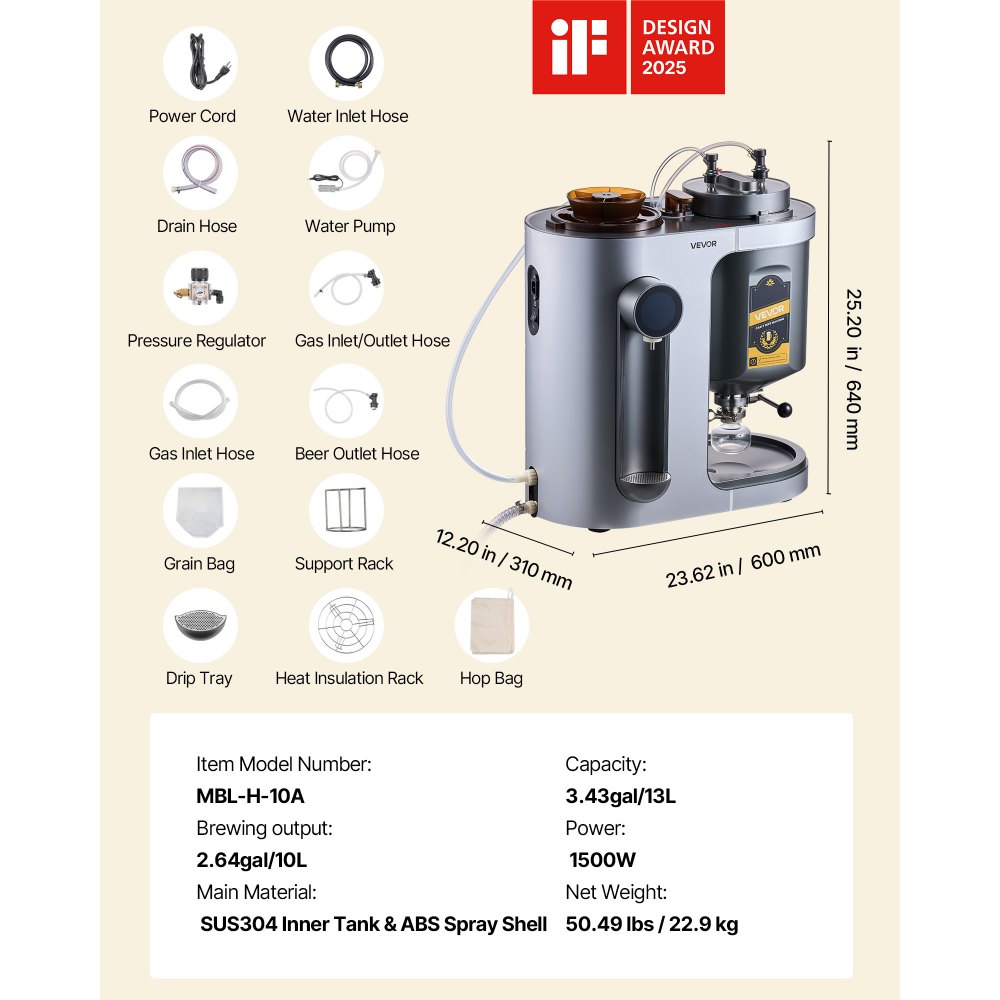 VEVOR Automatic Home Beer Brewer, 1500W Electric Beer Brewing Machine, 13L All-in-One Home Brewer with Mash Boil Device, 304 Stainless Steel Internal Tank, Auto Temperature & Pressure Control