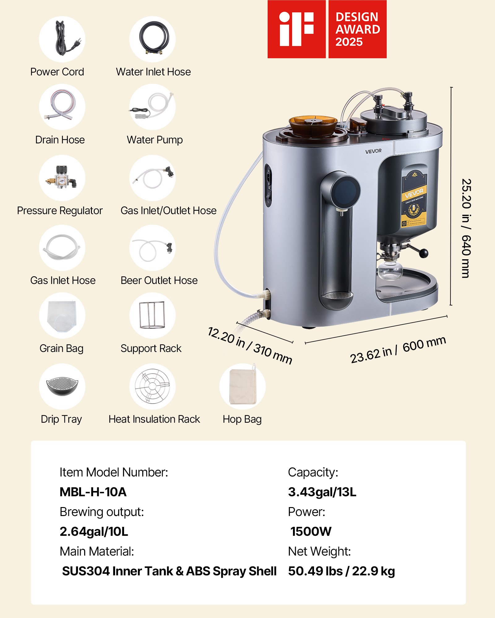 VEVOR Automatic Home Beer Brewer, 1500W Electric Beer Brewing Machine, 13L All-in-One Home Brewer with Mash Boil Device, 304 Stainless Steel Internal Tank, Auto Temperature & Pressure Control
