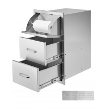 VEVOR Outdoor Kitchen Drawers, 16.5"W x 29"H x 20.5"D Triple Access Drawers, Stainless Steel Flush Mount Cabinets, BBQ Island Drawers Storage with Paper Towel Holder & Handle, for Patio Grill Station