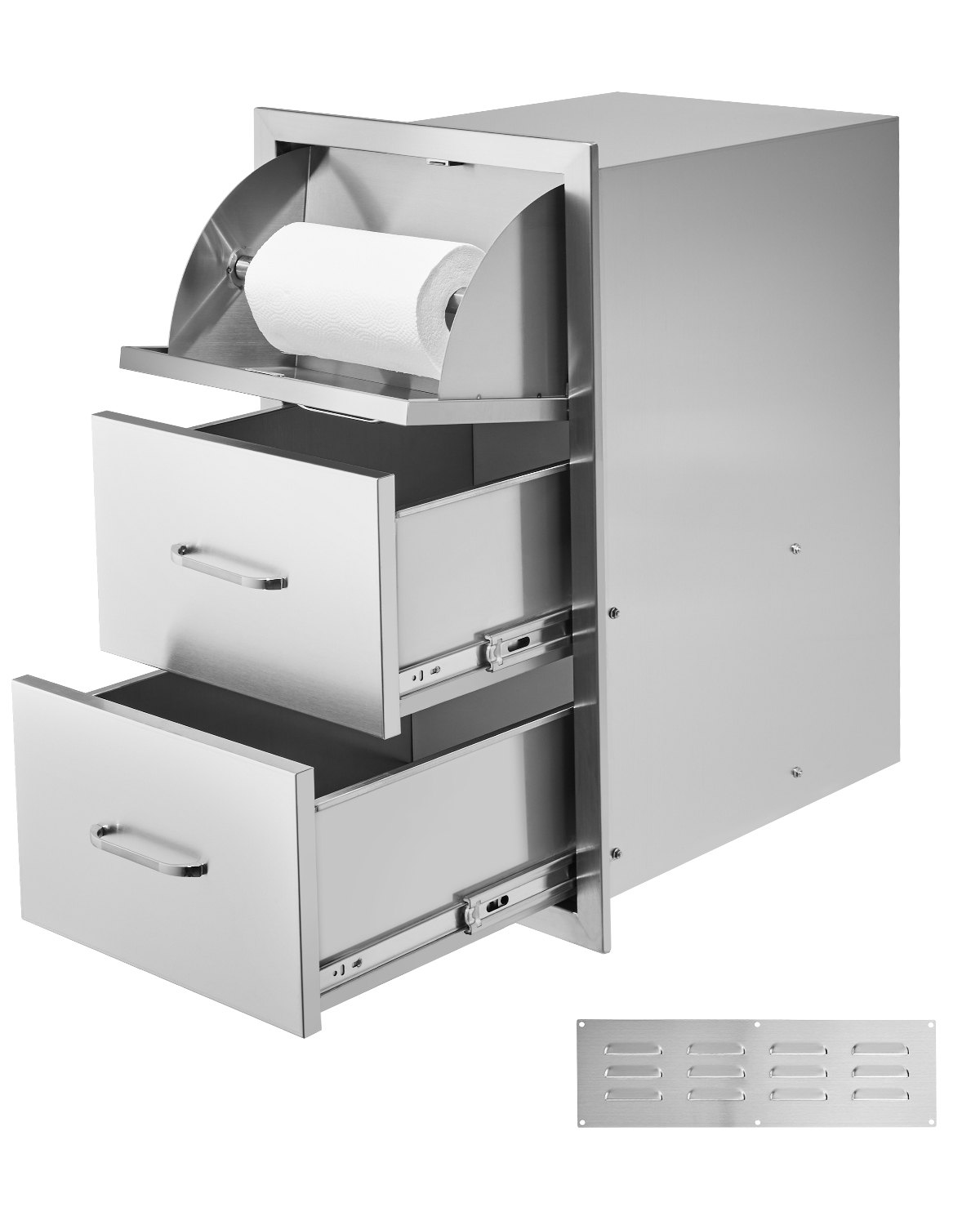VEVOR Outdoor Kitchen Drawers, 16.5"W x 29"H x 20.5"D Triple Access Drawers, Stainless Steel Flush Mount Cabinets, BBQ Island Drawers Storage with Paper Towel Holder & Handle, for Patio Grill Station