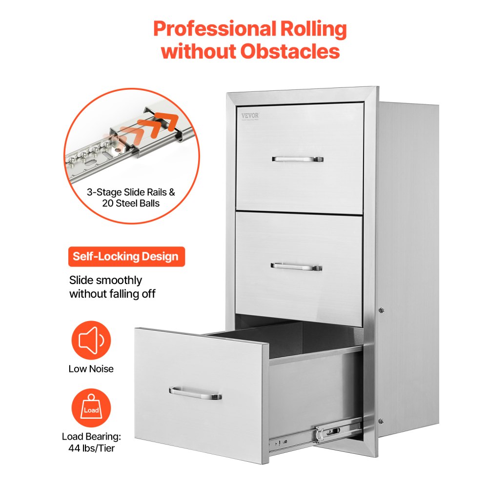 VEVOR Outdoor Kitchen Drawers, 18.5"W x 22.5"H x 22.5"D Triple Access Drawers, Stainless Steel Flush Mount Cabinets, BBQ Island Drawers Storage with Handle, for Outdoor Kitchens or Patio Grill Station