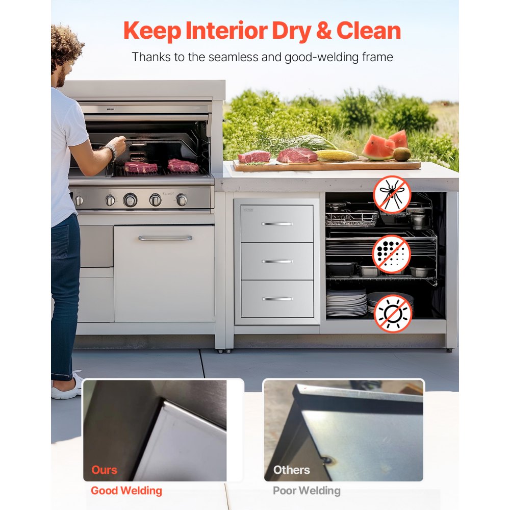VEVOR Outdoor Kitchen Drawers, 18.5"W x 22.5"H x 22.5"D Triple Access Drawers, Stainless Steel Flush Mount Cabinets, BBQ Island Drawers Storage with Handle, for Outdoor Kitchens or Patio Grill Station