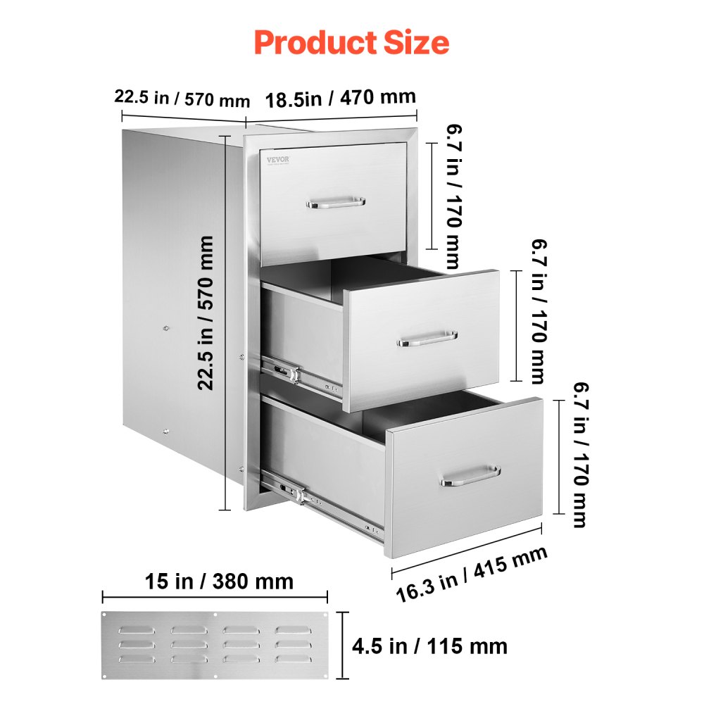 VEVOR Outdoor Kitchen Drawers, 18.5"W x 22.5"H x 22.5"D Triple Access Drawers, Stainless Steel Flush Mount Cabinets, BBQ Island Drawers Storage with Handle, for Outdoor Kitchens or Patio Grill Station