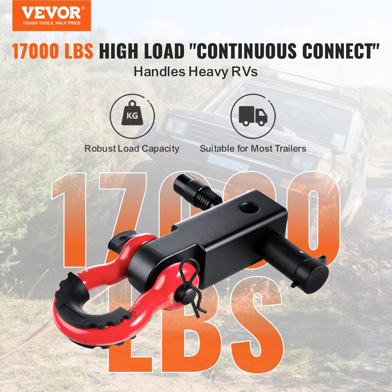 VEVOR Shackle Hitch Receiver, Fits 2" Receivers, 66000 lbs Breaking Strength, D Ring Shackle with Trailer Hitch Lock Pin, Heavy Duty Towing Accessories for Trucks, Jeeps, Off-Road Vehicle Recovery