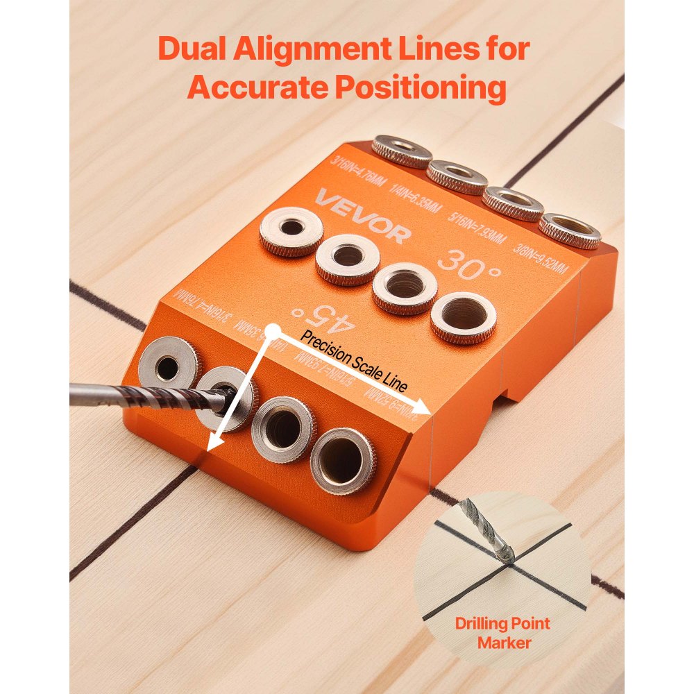 VEVOR Drill Guide, 30/ 45/ 90 Degree Angle 4 Sizes Portable Precision Drilling Guide Jig, for Drilling Angled or Horizontal Holes, Aluminum Alloy, for Deck Cable Railing Wood Post Stair Handrail