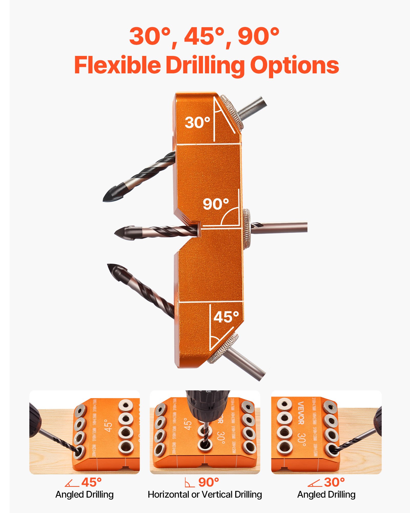VEVOR Drill Guide, 30/ 45/ 90 Degree Angle 4 Sizes Portable Precision Drilling Guide Jig, for Drilling Angled or Horizontal Holes, Aluminum Alloy, for Deck Cable Railing Wood Post Stair Handrail