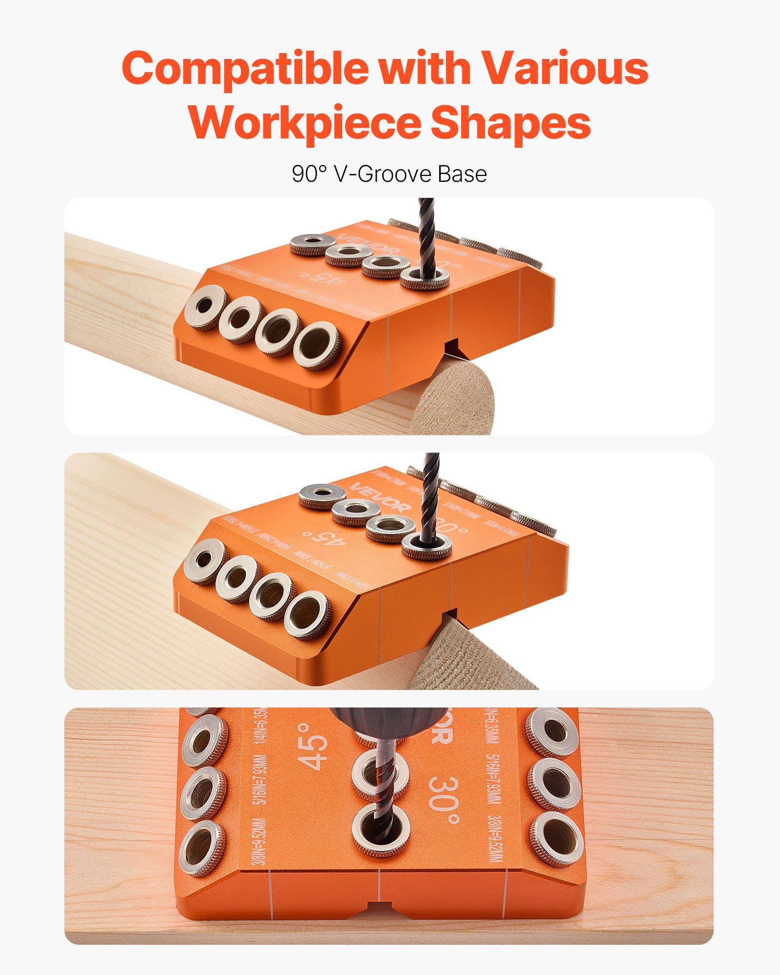 VEVOR Drill Guide, 30/ 45/ 90 Degree Angle 4 Sizes Portable Precision Drilling Guide Jig, for Drilling Angled or Horizontal Holes, Aluminum Alloy, for Deck Cable Railing Wood Post Stair Handrail