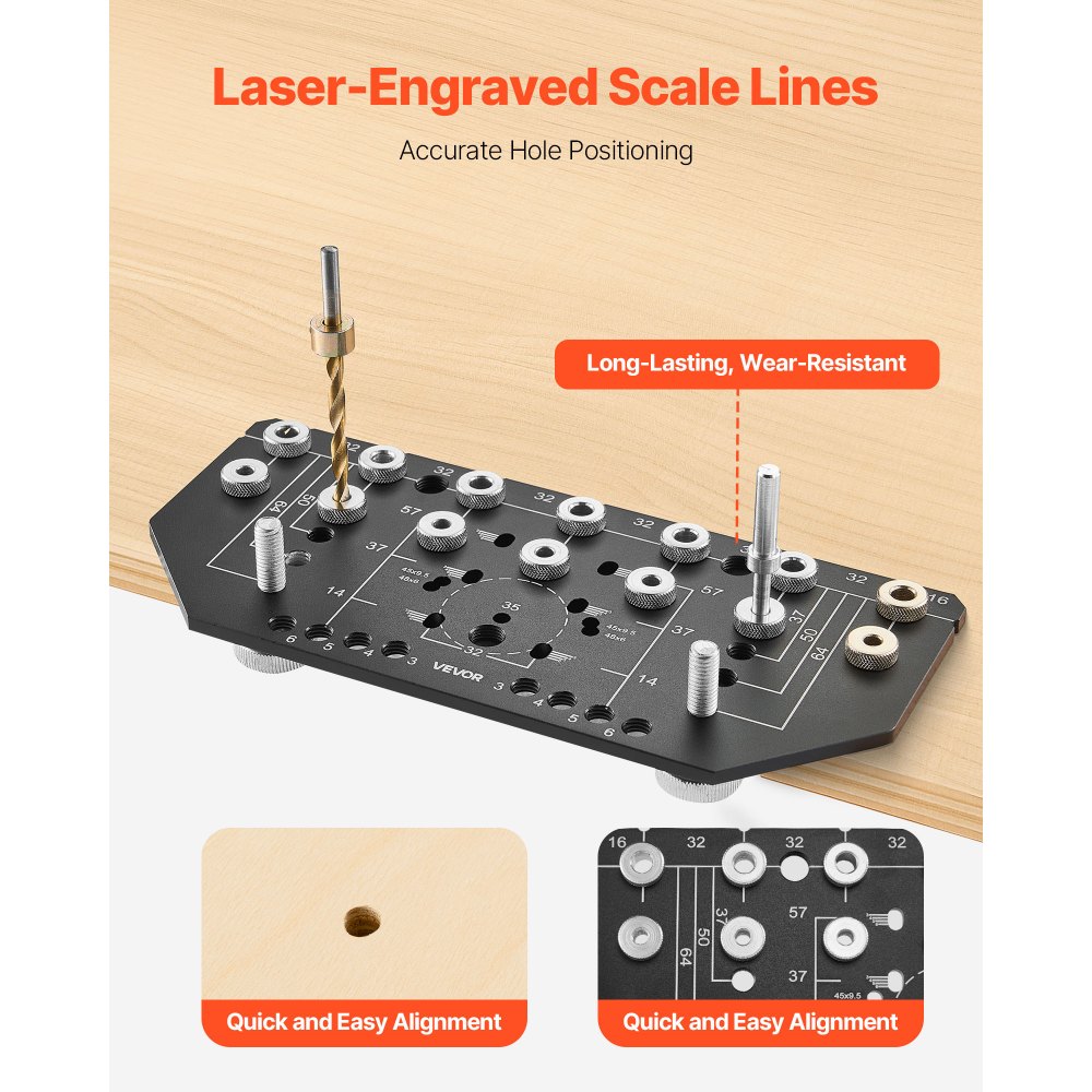 VEVOR Shelf Pin Jig and Hinge Jig Two-in-One, Aluminum Alloy Cabinet Hardware Hole Drilling Template with 6.4 and 4.8 mm Drill Bits, for Cabinet Doors Bookshelves Wardrobes Woodworking and DIY